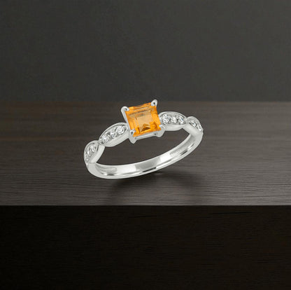 Princess Cut Citrine Zircon Ring – Elegant Sterling Silver Marquise Accent Gemstone Jewelry