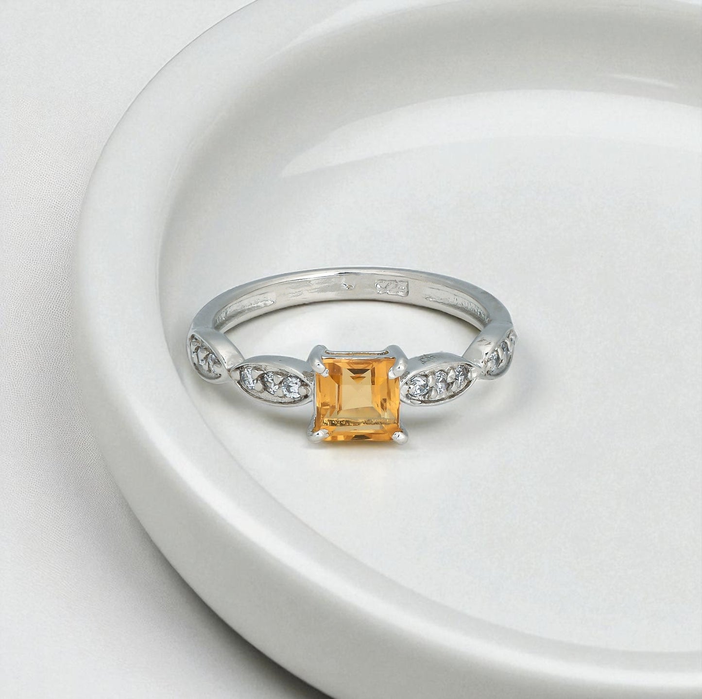 Princess Cut Citrine Zircon Ring – Elegant Sterling Silver Marquise Accent Gemstone Jewelry