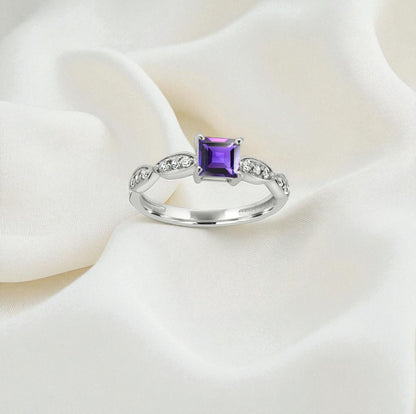 Princess Cut Amethyst Zircon Ring – Sterling Silver Marquise Accent Purple Gemstone Jewelry