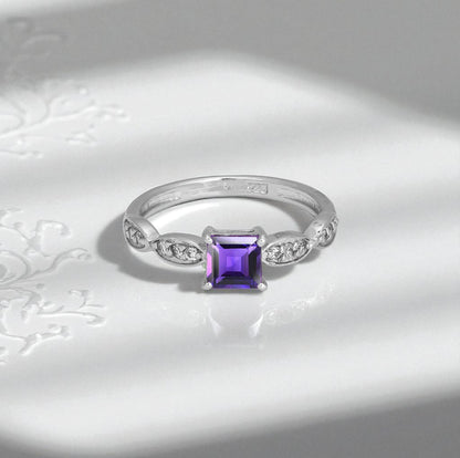 Princess Cut Amethyst Zircon Ring – Sterling Silver Marquise Accent Purple Gemstone Jewelry