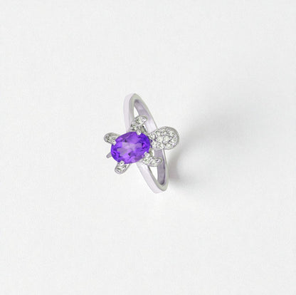 Sterling Silver Turtle Ring with Amethyst and  Zircon Accents – Trendy 2025 Animal Statement Jewelry for Women