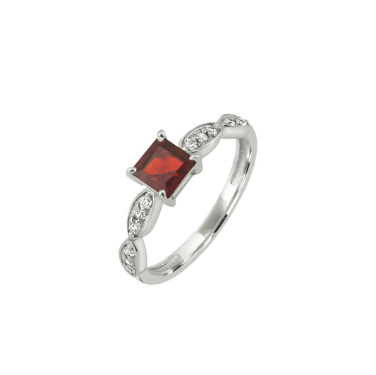 Elegant Princess Cut Garnet and Zircon Sterling Silver Ring – Modern Gemstone Jewelry