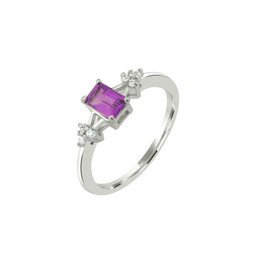 Amethyst Promise Ring – Sterling Silver, Emerald Cut Purple Gemstone, Dainty Zircon Accents, Birthstone Jewelry for Women