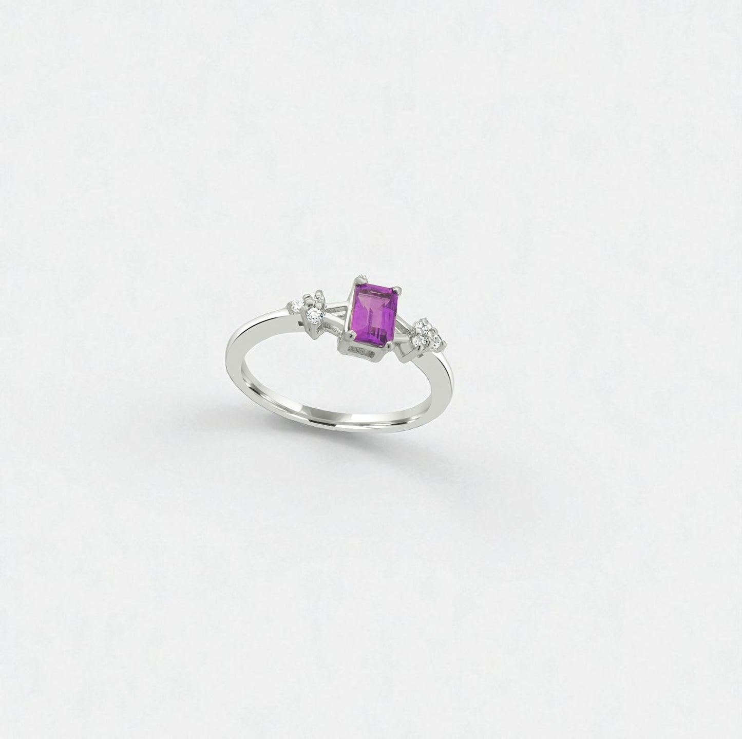 Amethyst Promise Ring – Sterling Silver, Emerald Cut Purple Gemstone, Dainty Zircon Accents, Birthstone Jewelry for Women