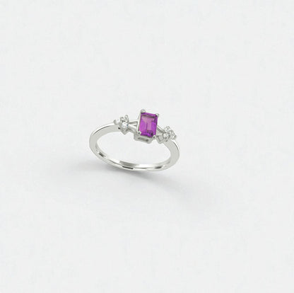 Amethyst Promise Ring – Sterling Silver, Emerald Cut Purple Gemstone, Dainty Zircon Accents, Birthstone Jewelry for Women
