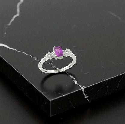Amethyst Promise Ring – Sterling Silver, Emerald Cut Purple Gemstone, Dainty Zircon Accents, Birthstone Jewelry for Women