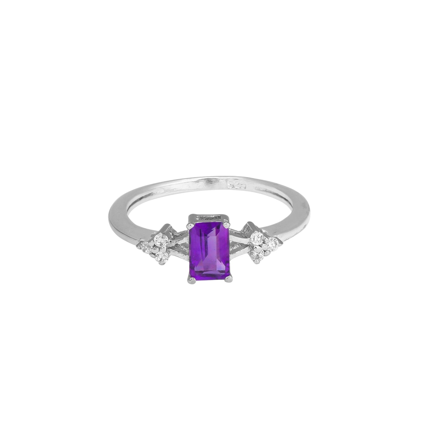 Amethyst Promise Ring – Sterling Silver, Emerald Cut Purple Gemstone, Dainty Zircon Accents, Birthstone Jewelry for Women