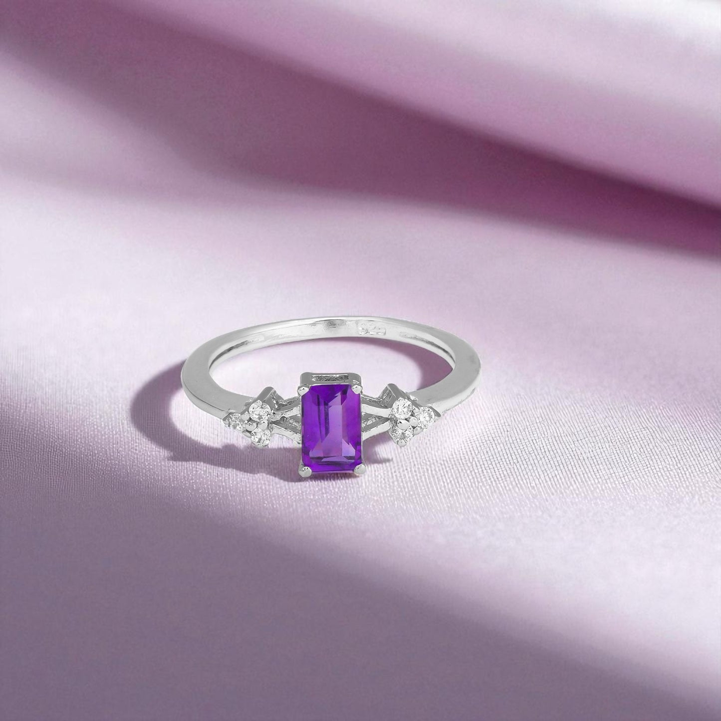 Amethyst Promise Ring – Sterling Silver, Emerald Cut Purple Gemstone, Dainty Zircon Accents, Birthstone Jewelry for Women