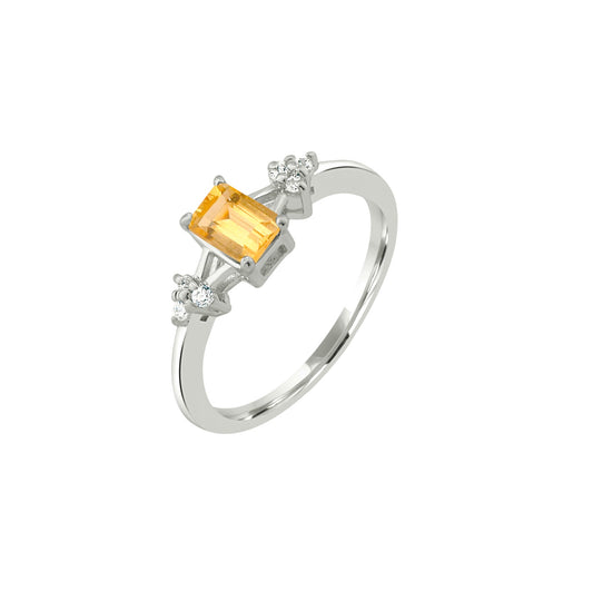 Yellow Zircon Silver Ring – Sterling Silver, Baguette Cut Yellow Gemstone, Dainty White Zircon Accents, Birthstone Jewelry for Women