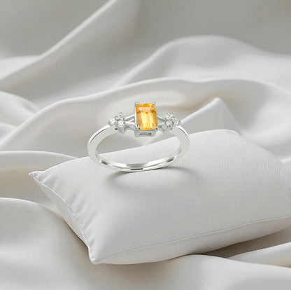 Yellow Zircon Silver Ring – Sterling Silver, Baguette Cut Yellow Gemstone, Dainty White Zircon Accents, Birthstone Jewelry for Women