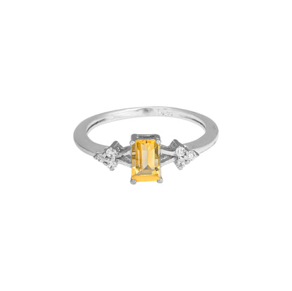 Yellow Zircon Silver Ring – Sterling Silver, Baguette Cut Yellow Gemstone, Dainty White Zircon Accents, Birthstone Jewelry for Women