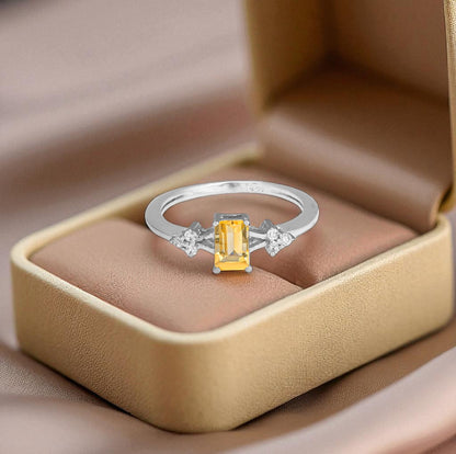 Yellow Zircon Silver Ring – Sterling Silver, Baguette Cut Yellow Gemstone, Dainty White Zircon Accents, Birthstone Jewelry for Women