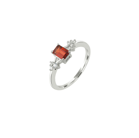 Red Emerald Cut Silver Ring – 925 Sterling Silver, Red Gemstone, Dainty White Zircon Accents, Elegant Women’s Birthstone Jewelry