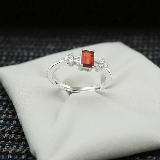 Red Emerald Cut Silver Ring – 925 Sterling Silver, Red Gemstone, Dainty White Zircon Accents, Elegant Women’s Birthstone Jewelry