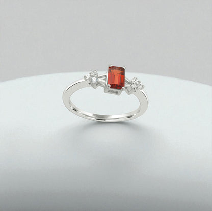 Red Emerald Cut Silver Ring – 925 Sterling Silver, Red Gemstone, Dainty White Zircon Accents, Elegant Women’s Birthstone Jewelry