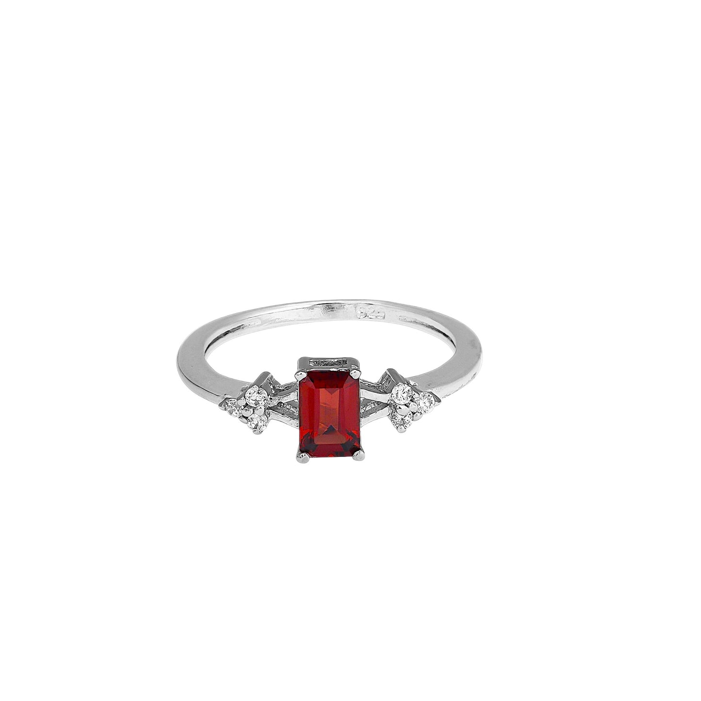 Red Emerald Cut Silver Ring – 925 Sterling Silver, Red Gemstone, Dainty White Zircon Accents, Elegant Women’s Birthstone Jewelry