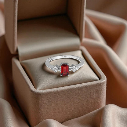 Red Emerald Cut Silver Ring – 925 Sterling Silver, Red Gemstone, Dainty White Zircon Accents, Elegant Women’s Birthstone Jewelry