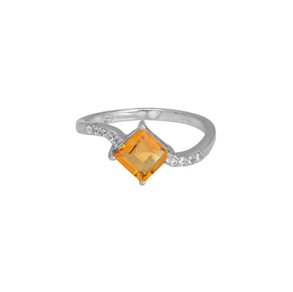 Yellow Princess Cut Silver Ring – 925 Sterling Silver, Square Yellow Gemstone, Dainty White Zircon Accents, Elegant Women’s Birthstone Jewelry