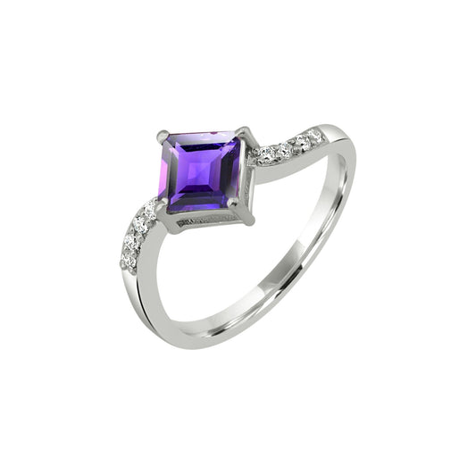 Amethyst Princess Cut Silver Ring – 925 Sterling Silver, Square Purple Gemstone, Dainty White Zircon Accents, Elegant Women’s Birthstone Jewelry