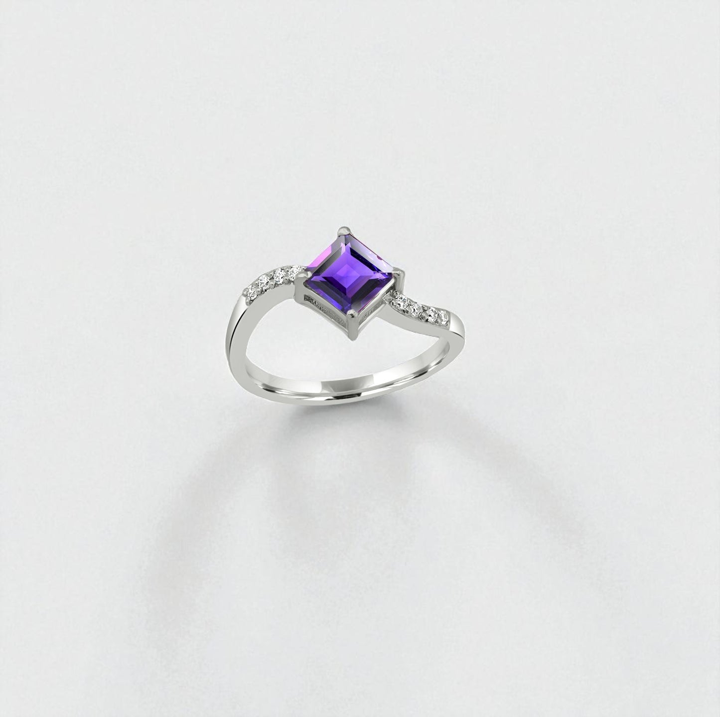 Amethyst Princess Cut Silver Ring – 925 Sterling Silver, Square Purple Gemstone, Dainty White Zircon Accents, Elegant Women’s Birthstone Jewelry