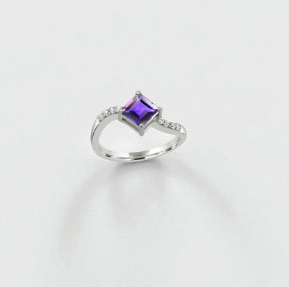 Amethyst Princess Cut Silver Ring – 925 Sterling Silver, Square Purple Gemstone, Dainty White Zircon Accents, Elegant Women’s Birthstone Jewelry