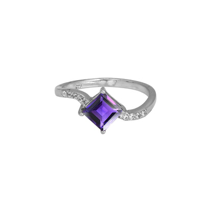 Amethyst Princess Cut Silver Ring – 925 Sterling Silver, Square Purple Gemstone, Dainty White Zircon Accents, Elegant Women’s Birthstone Jewelry
