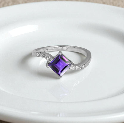 Amethyst Princess Cut Silver Ring – 925 Sterling Silver, Square Purple Gemstone, Dainty White Zircon Accents, Elegant Women’s Birthstone Jewelry