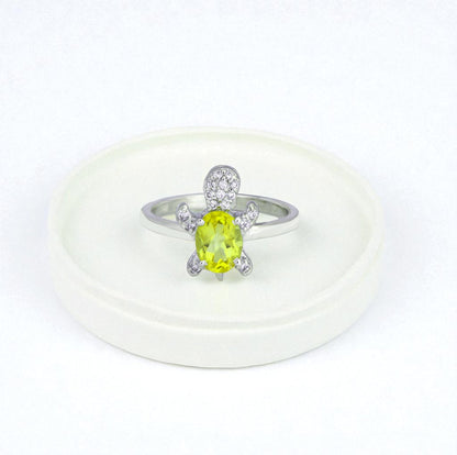 Sterling Silver Turtle Ring in Peridot and Zircon Accents – Trendy 2025 Animal Statement Jewelry for Women