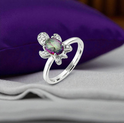 Sterling Silver Turtle Ring with Rainbow Mystic Zircon and Diamond Accents – Cute Animal Jewelry for Women 2025
