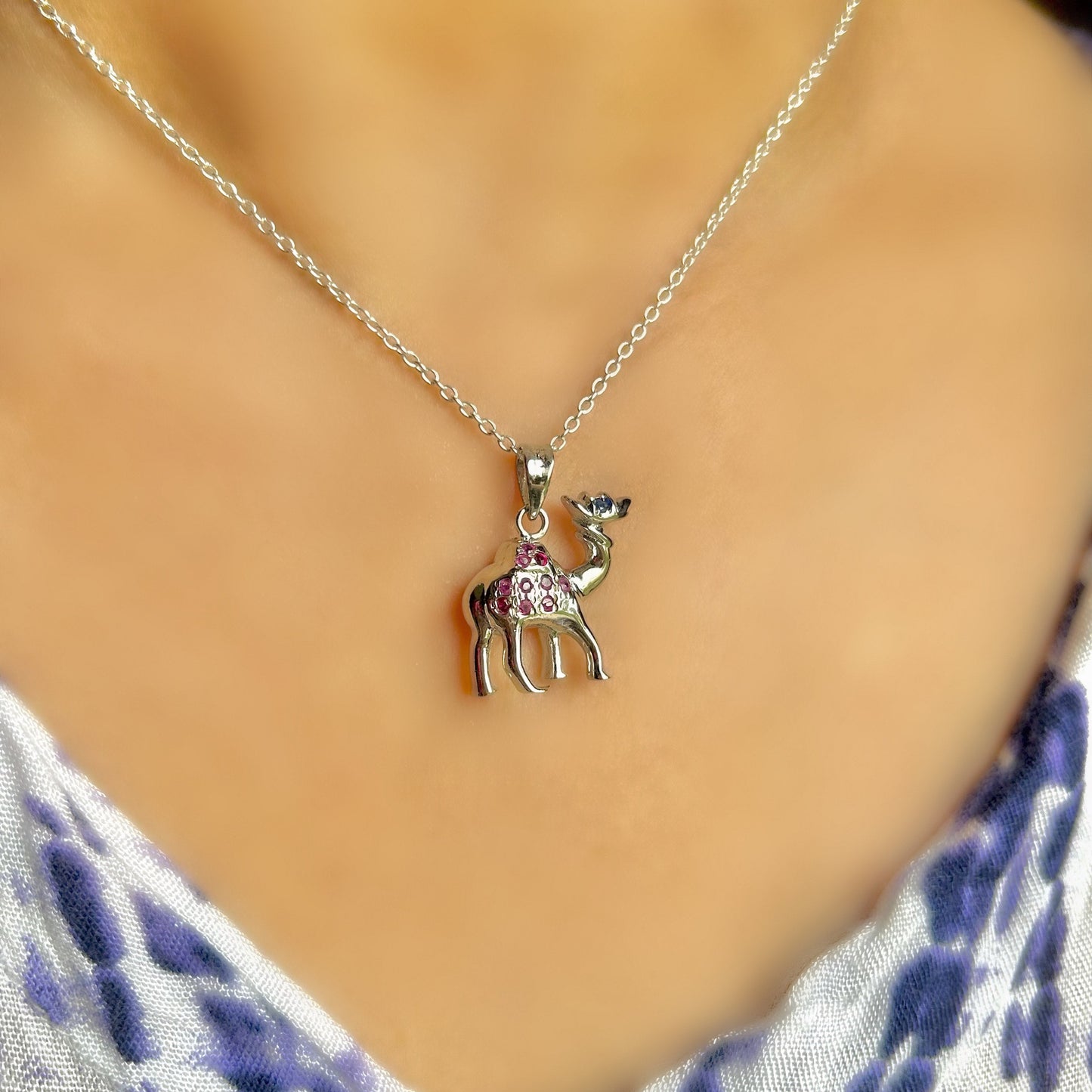 Whimsical Sterling Silver Camel Pendant with Pink and Blue Sapphire Gemstone Accents
