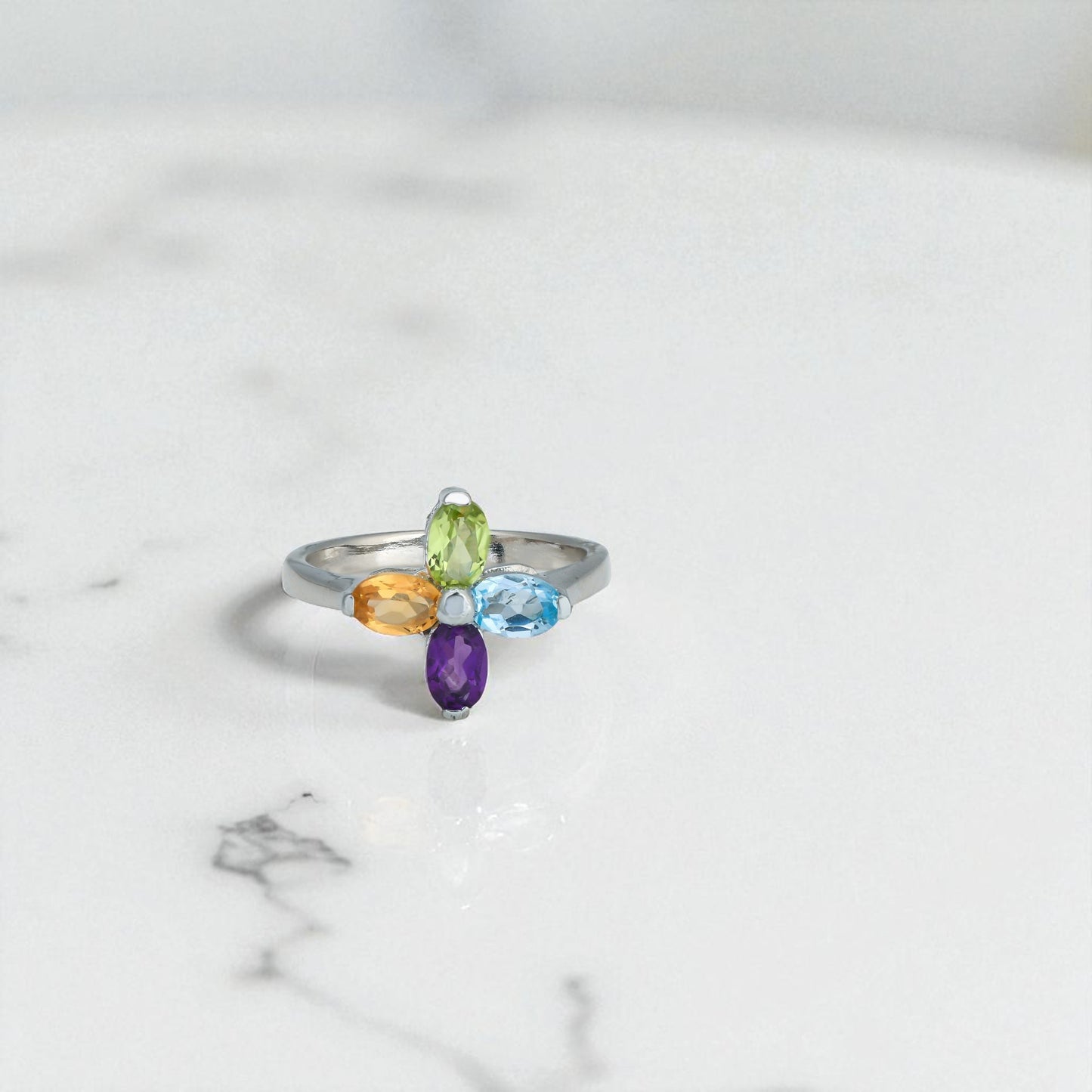 Sterling Silver Four Birthstone Ring - Personalized Multi-Color Gemstone Ring, Custom Mother’s Jewelry