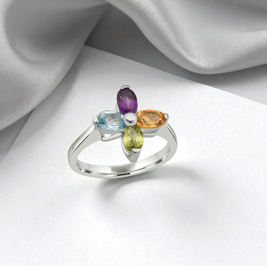Sterling Silver Four Birthstone Ring - Personalized Multi-Color Gemstone Ring, Custom Mother’s Jewelry