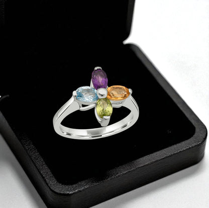 Sterling Silver Four Birthstone Ring - Personalized Multi-Color Gemstone Ring, Custom Mother’s Jewelry