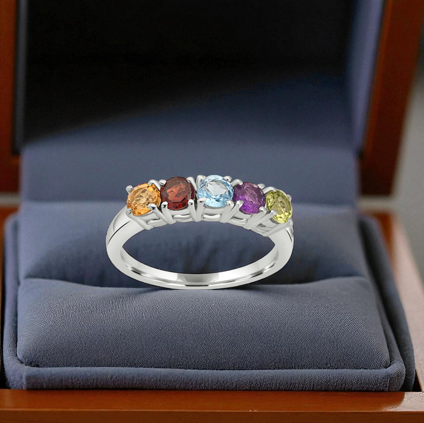 Sterling Silver Five Birthstone Ring – Personalized Family Gemstone Band, Custom Mother’s Jewelry Gift for Women