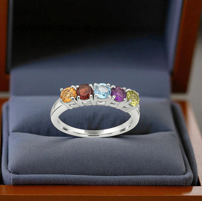 Sterling Silver Five Birthstone Ring – Personalized Family Gemstone Band, Custom Mother’s Jewelry Gift for Women