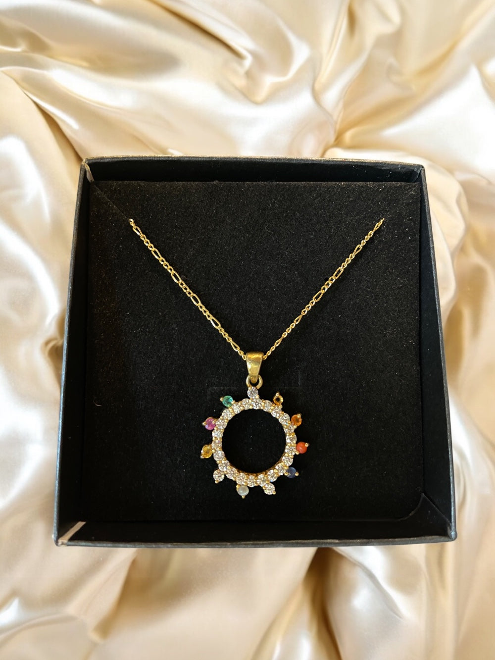 Gold-Plated Navratna Circular Pendant with moissanite – Multicolor Gemstone Charm