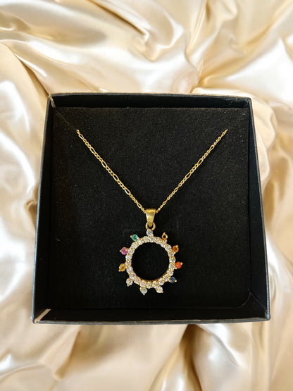 Gold-Plated Navratna Circular Pendant with moissanite – Multicolor Gemstone Charm