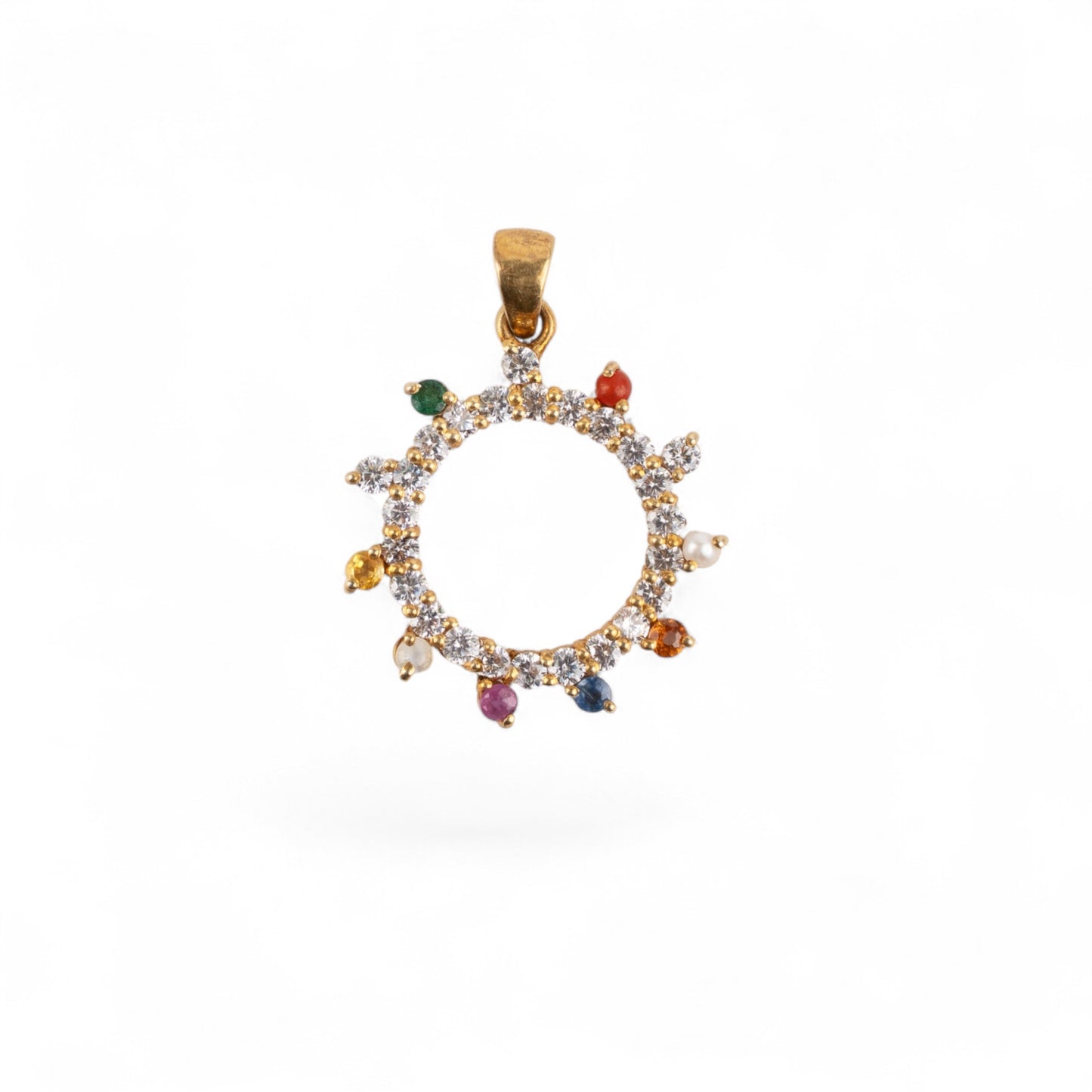 Gold-Plated Navratna Circular Pendant with moissanite – Multicolor Gemstone Charm