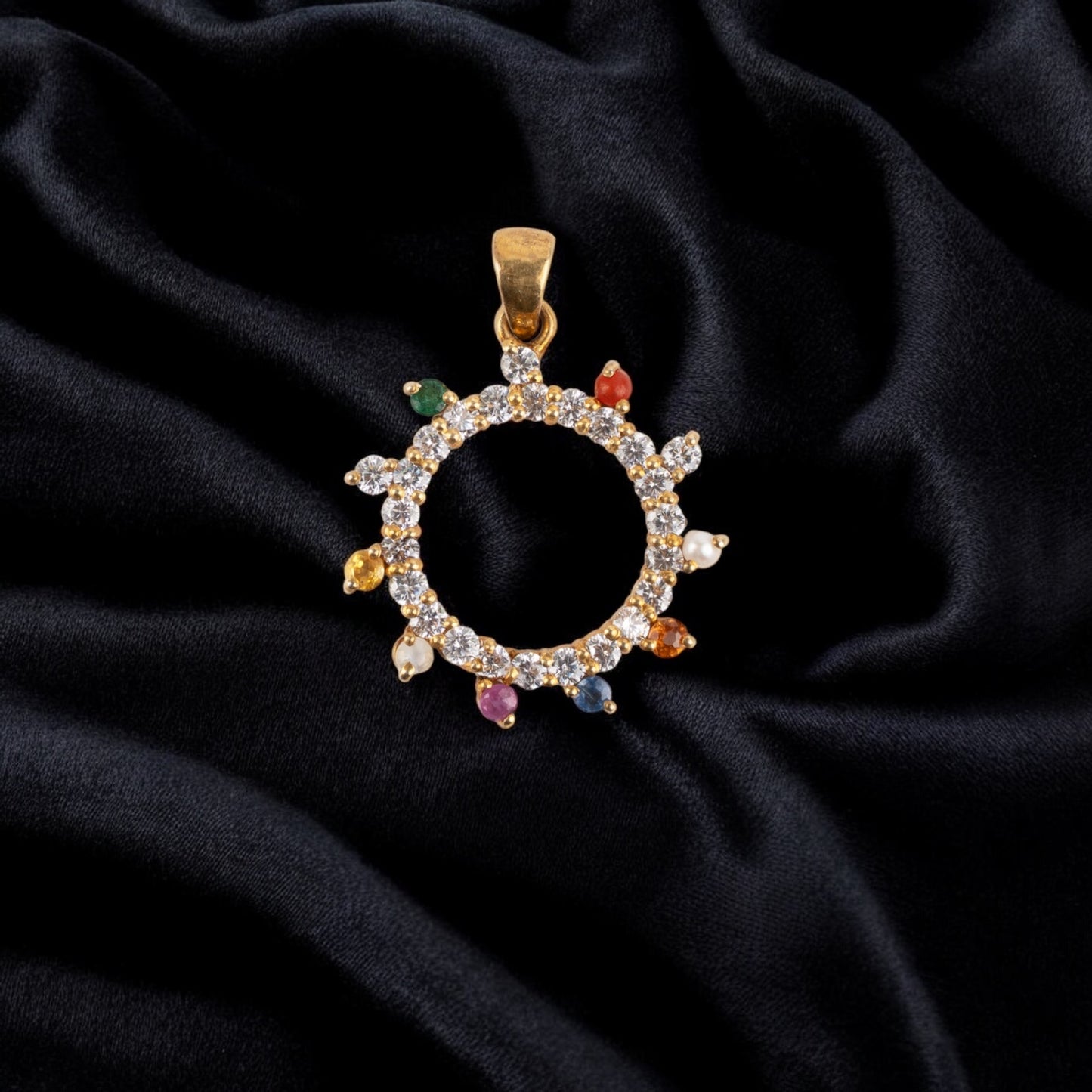 Gold-Plated Navratna Circular Pendant with moissanite – Multicolor Gemstone Charm