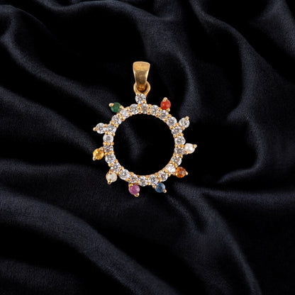 Gold-Plated Navratna Circular Pendant with moissanite – Multicolor Gemstone Charm