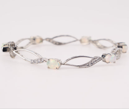 Elegant Sterling Silver Opal & Cubic Zirconia Marquise-Link Bracelet
