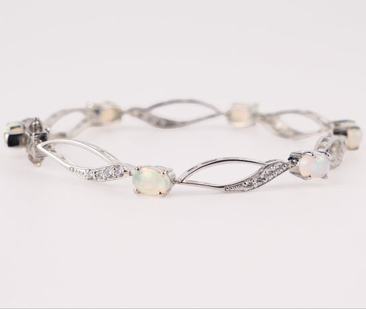 Elegant Sterling Silver Opal & Cubic Zirconia Marquise-Link Bracelet
