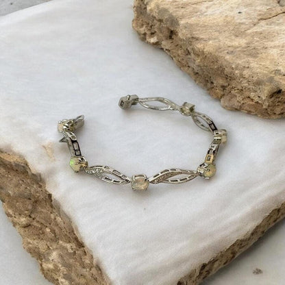 Elegant Sterling Silver Opal & Cubic Zirconia Marquise-Link Bracelet