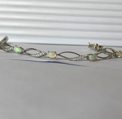 Elegant Sterling Silver Opal & Cubic Zirconia Marquise-Link Bracelet