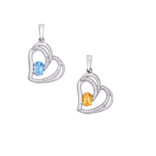 925 Sterling Silver Heart Pendant with Blue Topaz / Citrine & CZ Stones – Elegant Love Necklace for Women