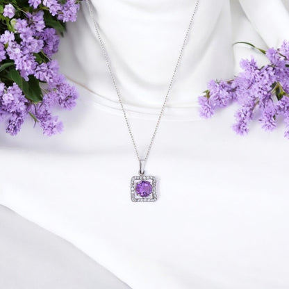 Sterling Silver Square Pendant Necklace in Amethyst – Elegant Halo Design for Women