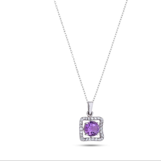 Sterling Silver Square Pendant Necklace in Amethyst – Elegant Halo Design for Women
