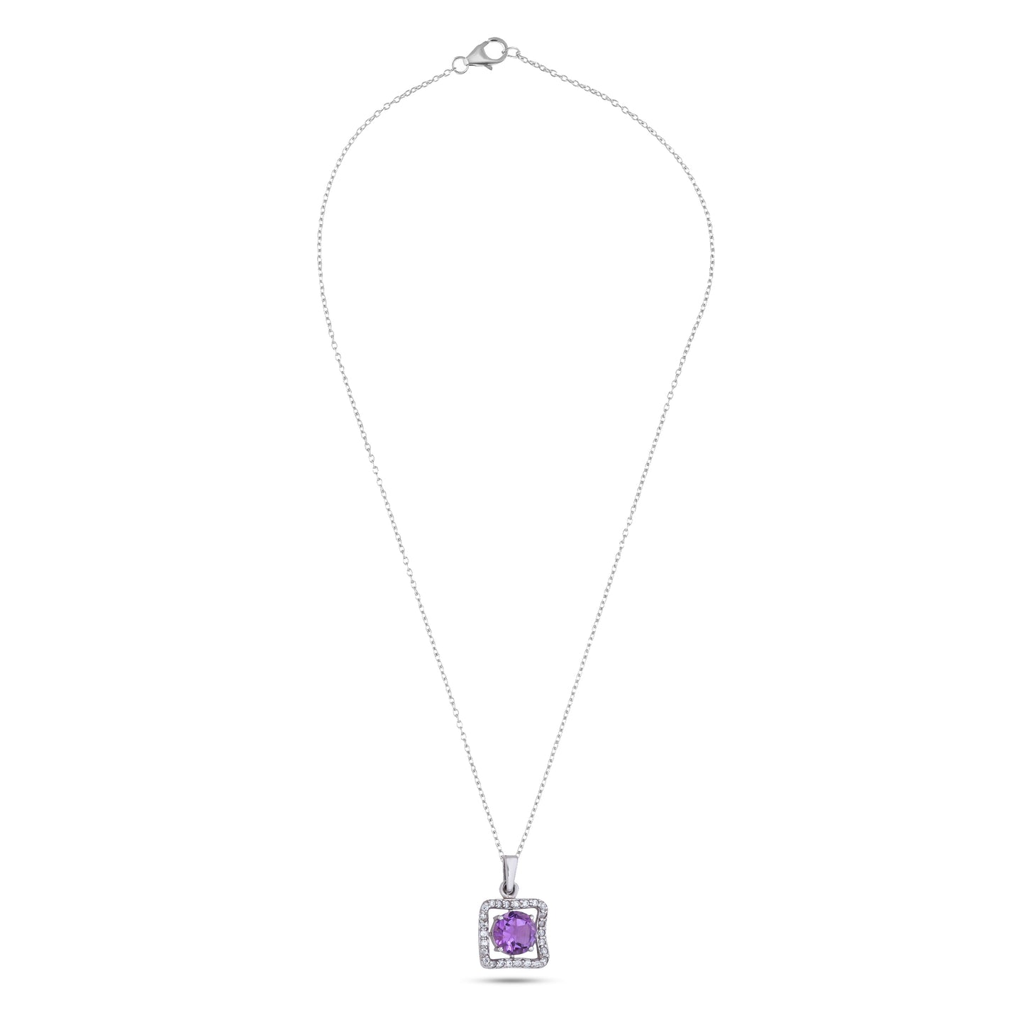 Sterling Silver Square Pendant Necklace in Amethyst – Elegant Halo Design for Women
