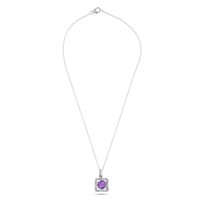 Sterling Silver Square Pendant Necklace in Amethyst – Elegant Halo Design for Women