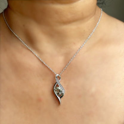 Elegant Twist Design Sterling Silver Pendant with Mint Green Amethyst Gemstone and CZ Accents